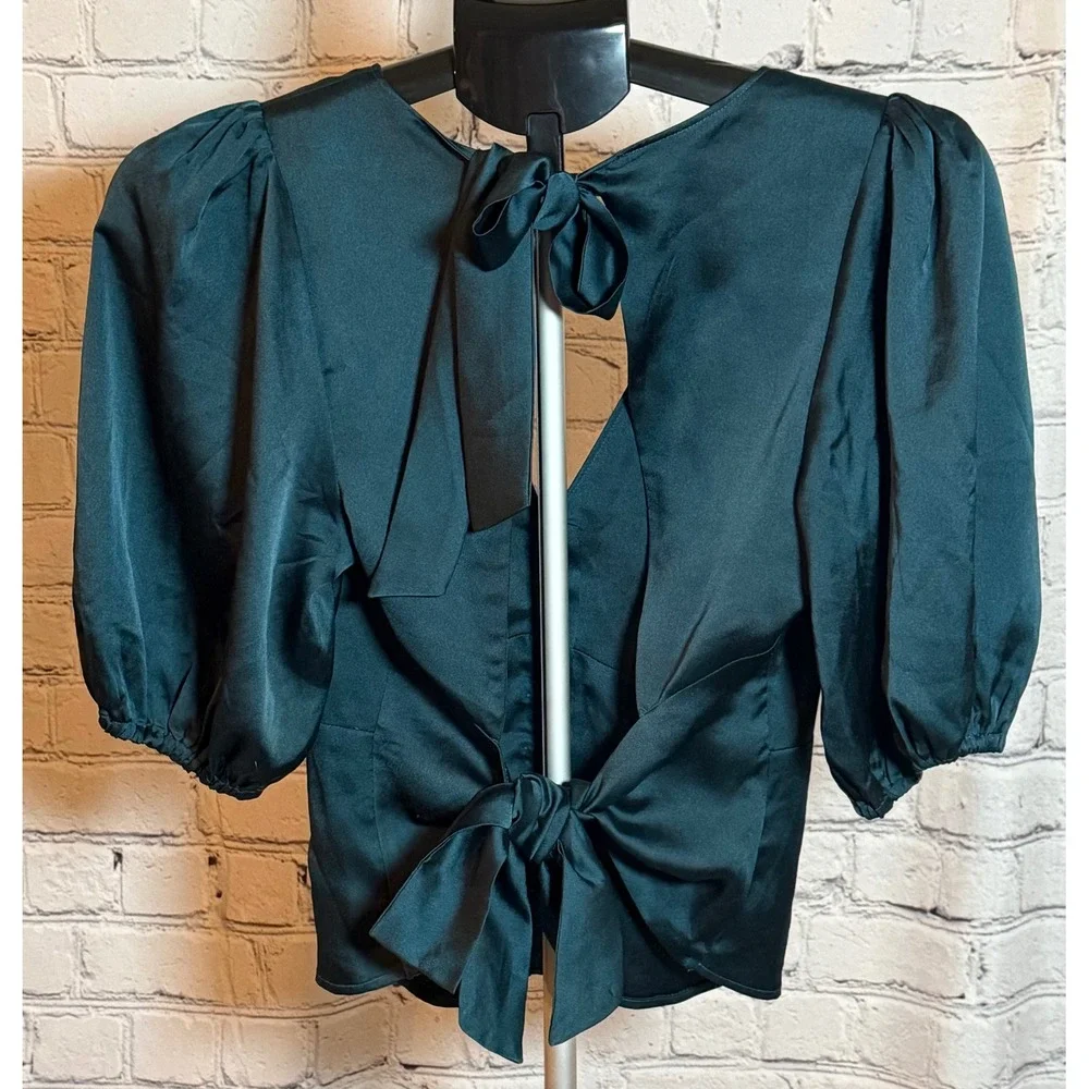 Abercrombie & Fitch Satin Open Back Puff Sleeve Tie Blouse Emerald Green Medium